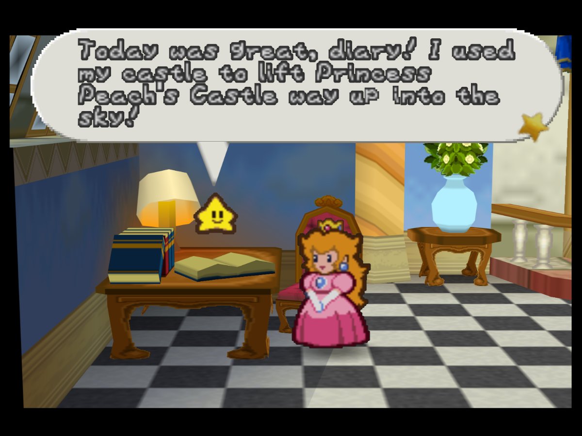 PaperMarioLog's tweet image. Today was great, diary! I used my castle to lift Princess Peach's Castle way up into the sky!
Then I barged into Peach's Castle and beat up Mario! Yeah! Unbelievable, I know! So fun!
After that, I kidnapped Princess Peach! I couldn't be happier, diary! I hope she likes me...