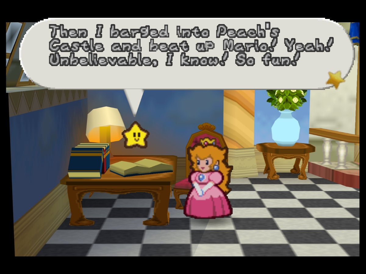 PaperMarioLog's tweet image. Today was great, diary! I used my castle to lift Princess Peach's Castle way up into the sky!
Then I barged into Peach's Castle and beat up Mario! Yeah! Unbelievable, I know! So fun!
After that, I kidnapped Princess Peach! I couldn't be happier, diary! I hope she likes me...