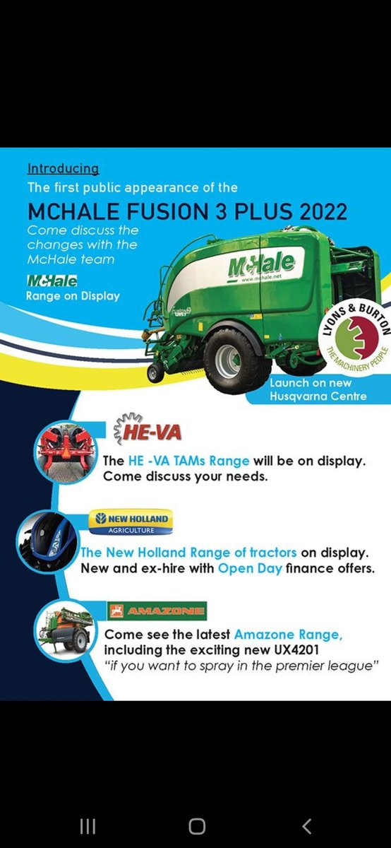 lyonsandburton's tweet photo. Very excited to announce our open day on Friday November 19th. New Mchale Fusion 3 on show along with various other machinery. New store layout with dedicated Husqvarna section. Special offers on New Holland parts on day.All welcome. https://t.co/6yuqxp5GJz