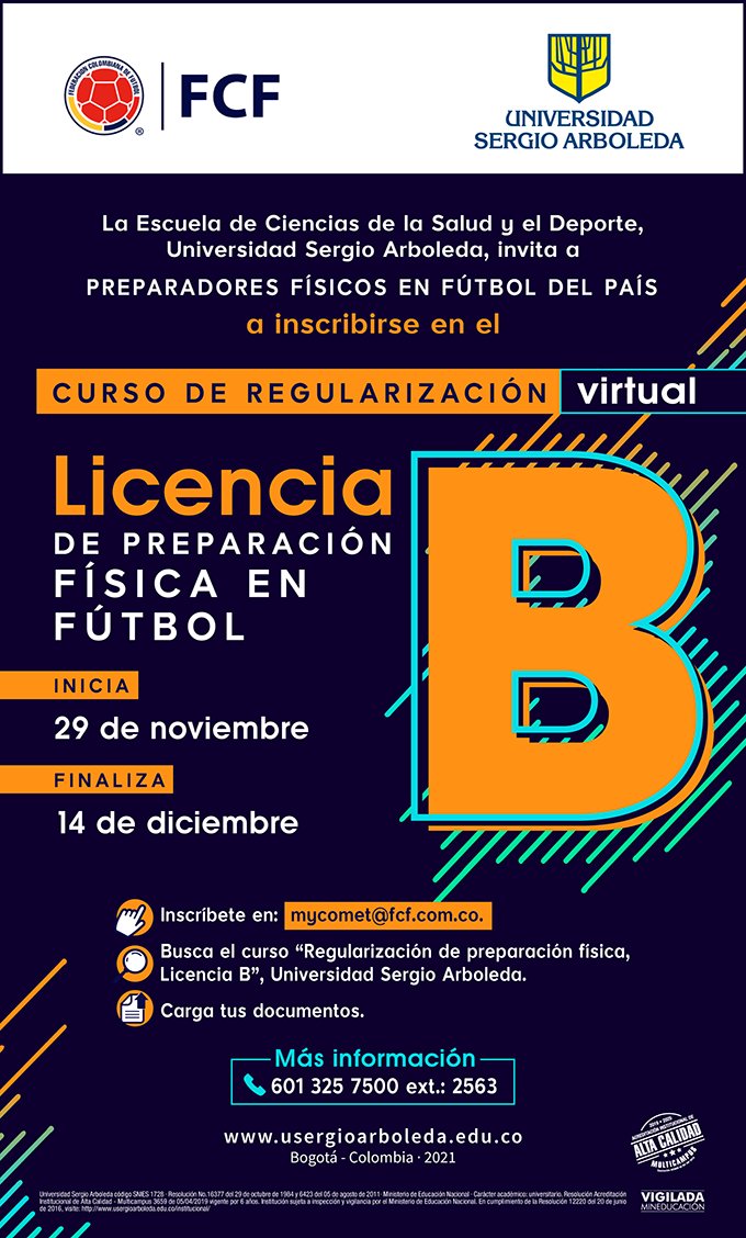 MiguelAcevedoR1's tweet photo. Invitamos a los Preparadores Físicos a inscribirse en los CURSOS DE REGULARIZACIÓN LICENCIA "A y B" DE PREPARACIÓN FÍSICA EN FÚTBOL 📚⚽

INSCRIPCIONES ABIERTAS 📝

Más Información 📞 3257500 ext. 2563

@USergioArboleda @FCFSeleccionCol https://t.co/DYiziq3yyC