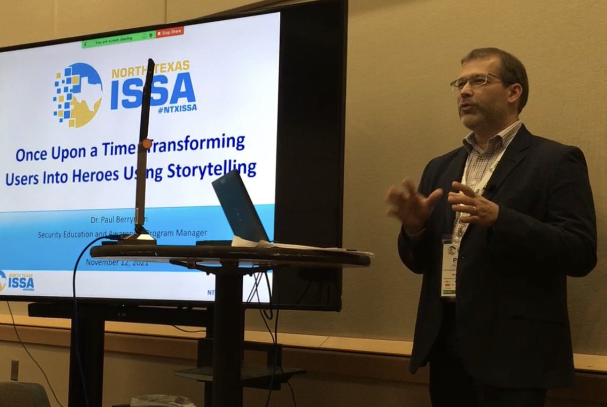 DrBerryman's tweet photo. Fun day at the N Texas ISSA security conference! Thanks for the opportunity to share my presentation on incorporating storytelling into security awareness. #CSC9 #NTXCSC9 #NTXISSA https://t.co/fyW2q2uAG1