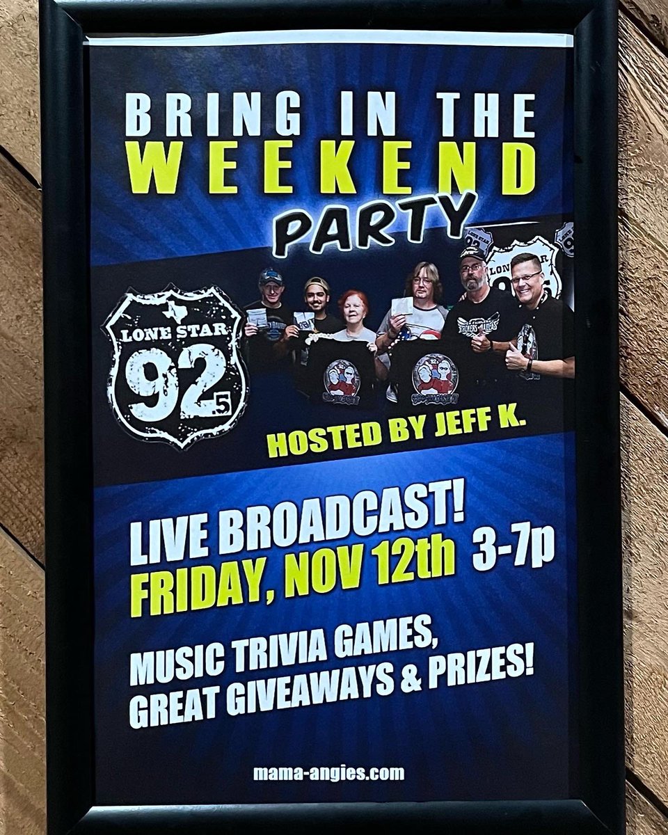LoneStar925's tweet photo. It’s National Happy Hour Day! What better to celebrate than to join @jeffknet and the @LoneStar925 Crew for a Bring In The Weekend Party 3-7p on the patio at Mama Angie’s Mexican Cocina in Mansfield. Enjoy #TexMex,  margaritas and you might score some #LoneStar swag!  #BITWP🍺🎸 https://t.co/bhUANV2lbF