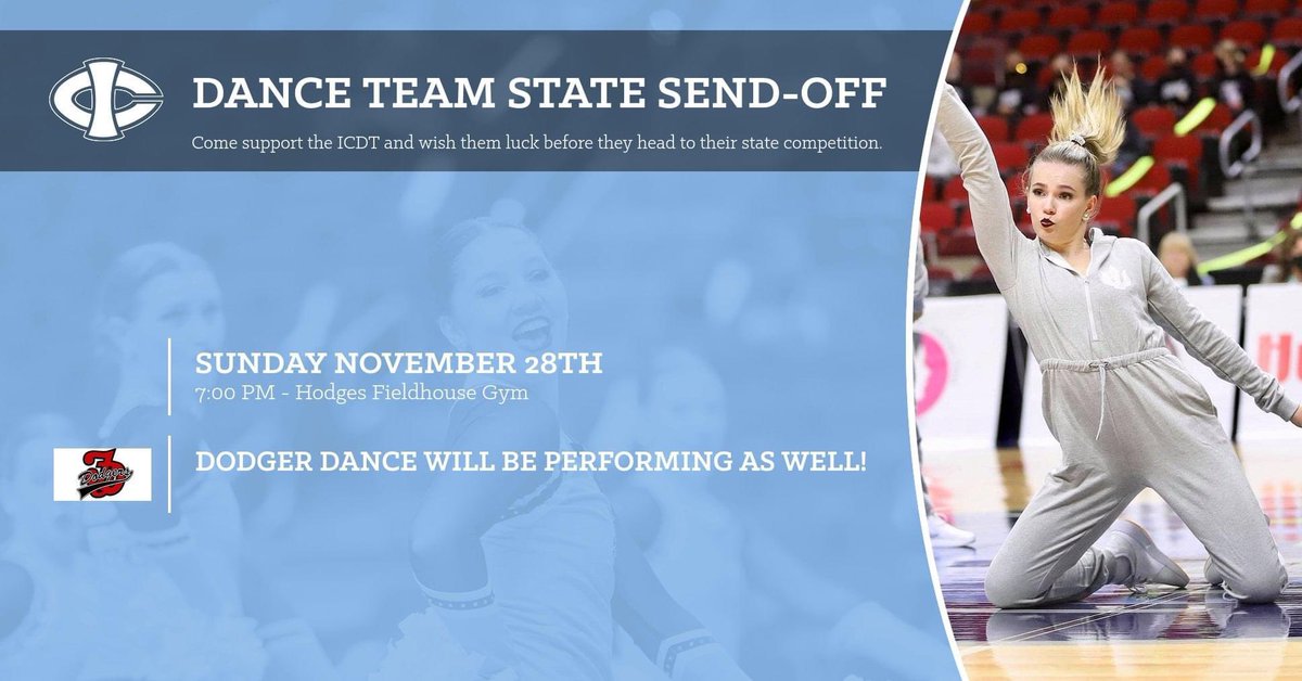 Show your support and wish the dance team good luck before they head to their state competition! They will be showcasing all 3 of their state routines: pom, hip hop and jazz. The Dodger Dance Team will also be performing Sunday November 28th, 7:00 PM in the Hodges Fieldhouse Gym!