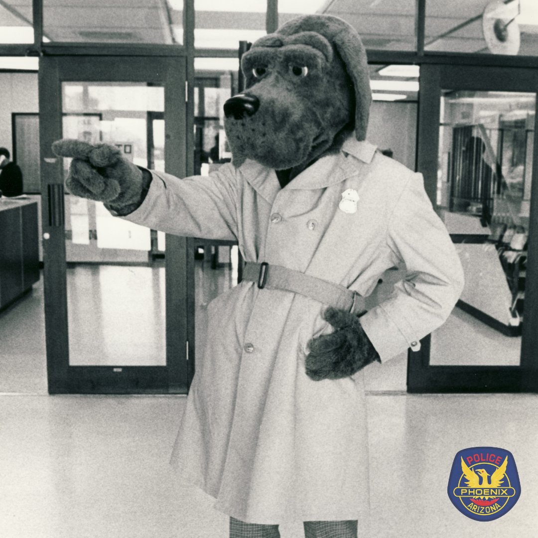 PhoenixPolice's tweet photo. Did you know that it’s been more than 40 years since McGruff the Crime Dog made his first TV appearance? Pictured here is McGruff in the lobby of #PHXPD in the early 1980’s. To this day, he still encourages children and adults to “Take a Bite Out of Crime."

#FlashbackFriday https://t.co/qCJ6wWLWiu