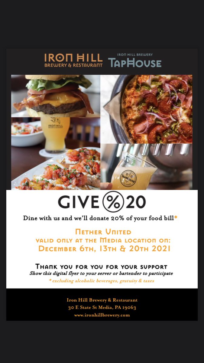 Our give 20 fundraiser starts DECEMBER 6th!  Skip making dinner and come out to Iron Hill in Media who will donate 20% of proceeds to Nether United Soccer.  Mark you calendars to save the date!  Thank You in advance for your support!