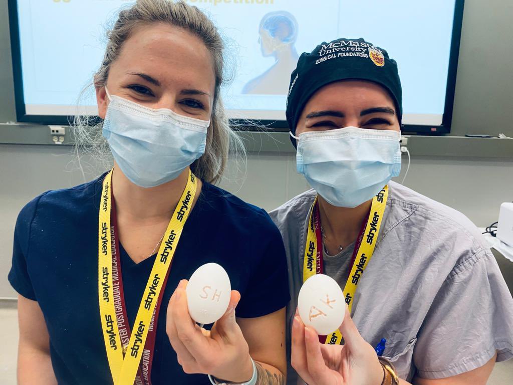 Excellent sponsored skills session today with our residents, working on perfecting our drilling techniques with the latest technology. Ended the day with some healthy competition - the task being to drill away the eggshell while keeping the membrane intact! #MacNSx #neurosurgery