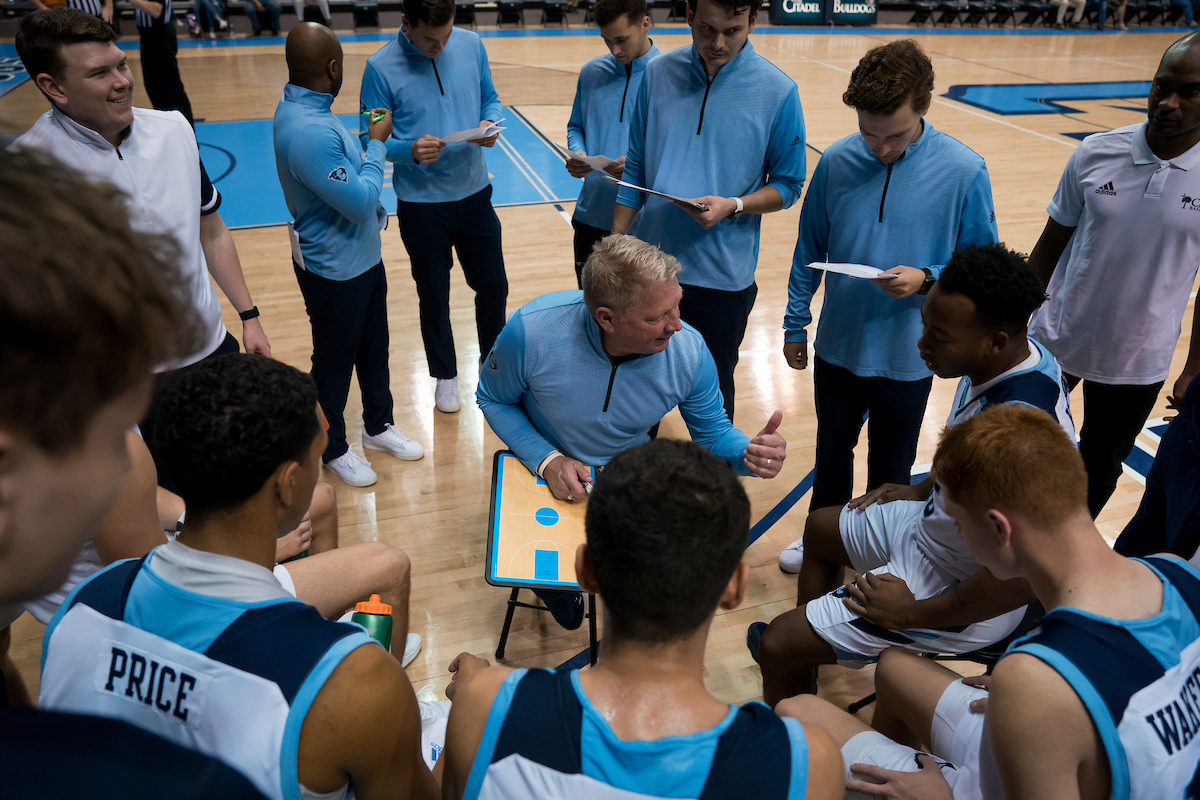 Citadel1842's tweet photo. Hoops are back, and our Dogs are on top! @CitadelHoops took down Morris College today during the first home basketball game of the season. #OurMightyDogs #EmbraceThePace https://t.co/zpcMt3AHP8