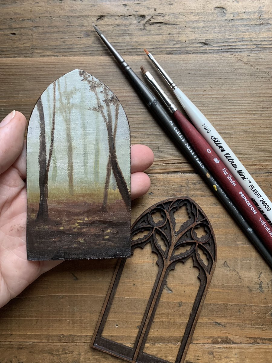 thecreepingmoon's tweet photo. Apparently this is my new favorite canvas shape. Found some dollhouse miniature cathedral frames online and decided to paint some accompanying window scenes 🍂Will try to have a small batch for ECCC next month ☺️ https://t.co/Sg8KO15mSt