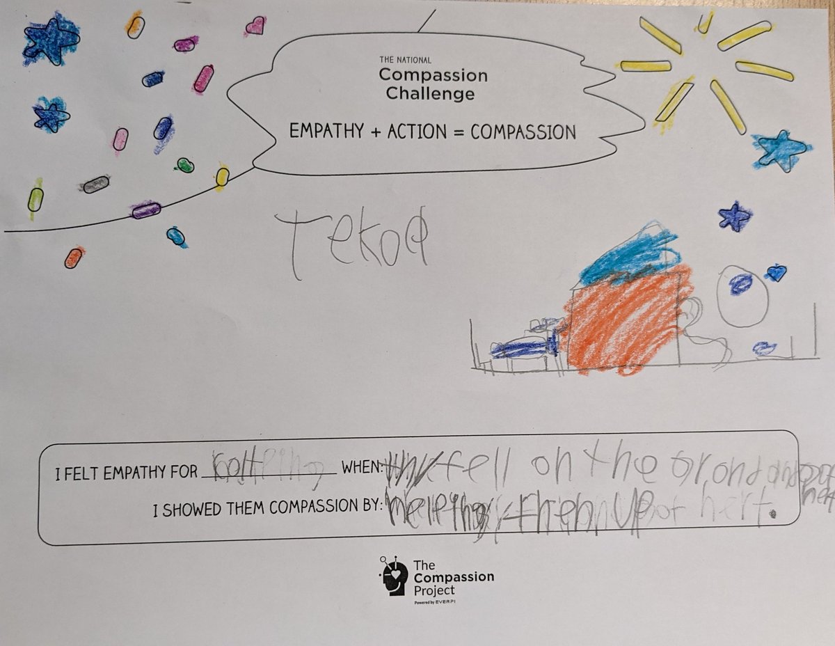 KElderbaum's tweet image. Students wrote about how they show compassion including help someone when they get hurt, teaching someone how to do something new, and being with someone when they're grandma dies. #seecaredo #compassionChallenge @EVERFIK12