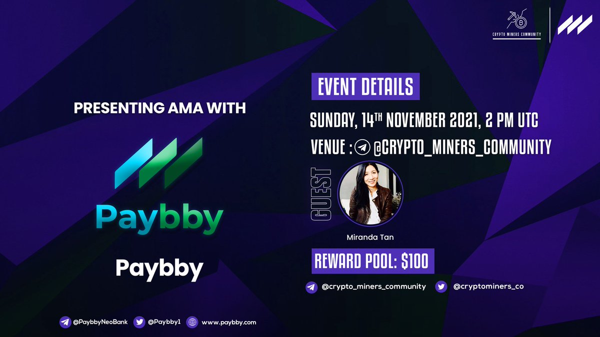 🎙️We're pleased to announce our next #AMA with Paybby on 14th November at 2:00 PM UTC

💰Rewards Pool: 100$

🏠Venue: t.me/Crypto_Miners_…

〽️Rules:
1⃣ Follow <a href="/Cryptominers_co/">Crypto Miners</a> &amp; <a href="/Paybby1/">Paybby</a>
2⃣ Like &amp; RT
3⃣ Comment Questions &amp; Tag 3 Friends (Max 3 questions)