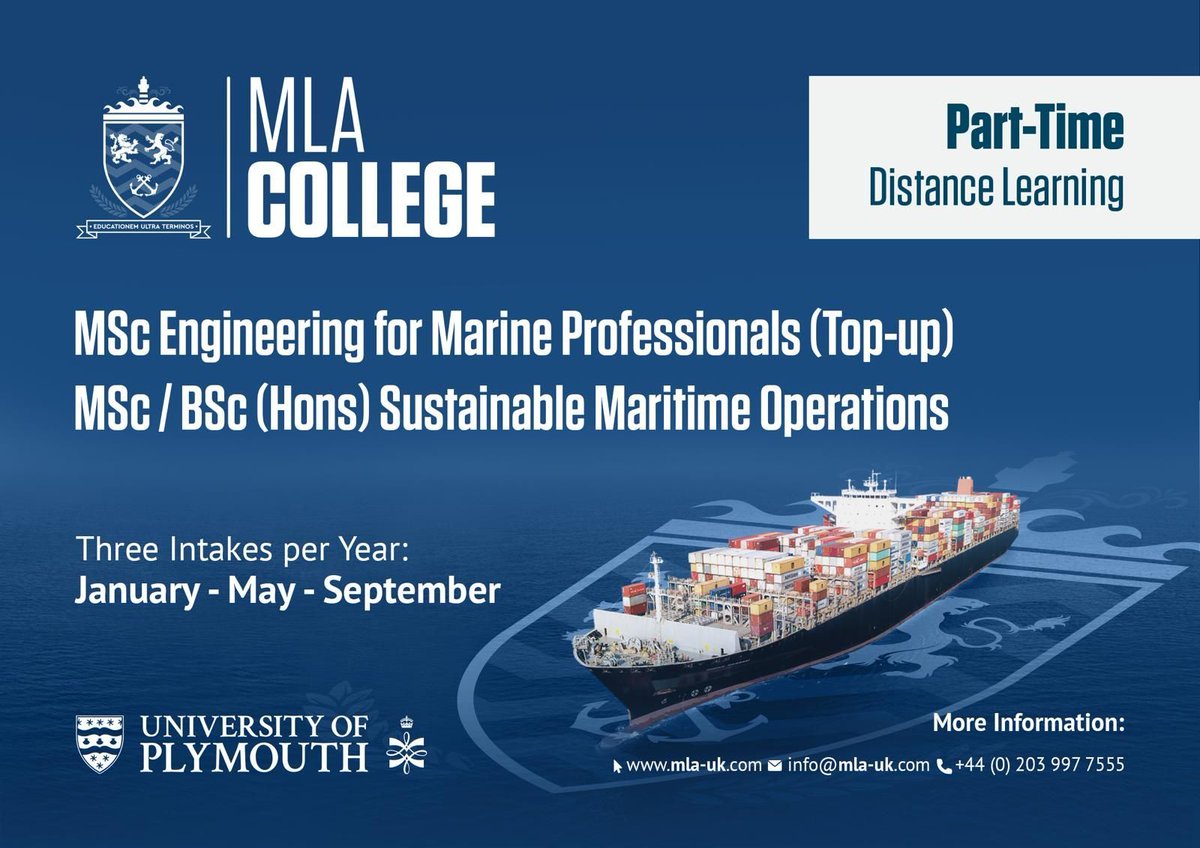 MLA_College's tweet photo. Join us for our January 2022 term and prepare to take your career to the next level.
Contact us at info@mla-uk.com for more information
@bauglobal
@PlymUni
@IMarEST
@MaritimeUK
#maritime #sustainability #global #shipping #marine #engineering #distancelear… https://t.co/AgMPDtH1eS