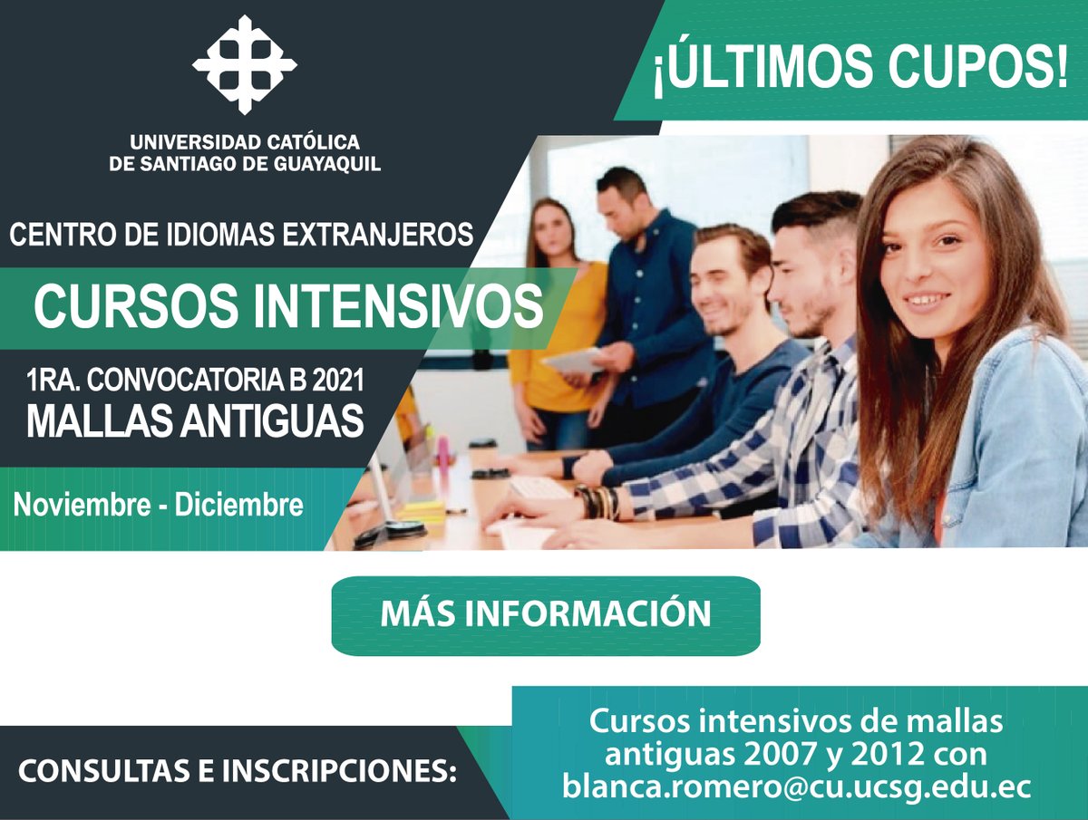 ucatolicagye's tweet photo. 📢¡Ú𝙡𝙩𝙞𝙢𝙤𝙨 𝘾𝙪𝙥𝙤𝙨!
Centro de Idiomas Extranjeros UCSG informa: 𝗖𝘂𝗿𝘀𝗼𝘀 𝗶𝗻𝘁𝗲𝗻𝘀𝗶𝘃𝗼𝘀 𝗽𝗮𝗿𝗮 𝗲𝘀𝘁𝘂𝗱𝗶𝗮𝗻𝘁𝗲𝘀 𝗱𝗲 𝗠𝗮𝗹𝗹𝗮𝘀 𝗔𝗻𝘁𝗶𝗴𝘂𝗮𝘀 - 1ra. Convocatoria B-2021 (noviembre y diciembre 2021)
Más información: 👇
💻https://t.co/lQnU8iAs4R https://t.co/kt77QKPRIL