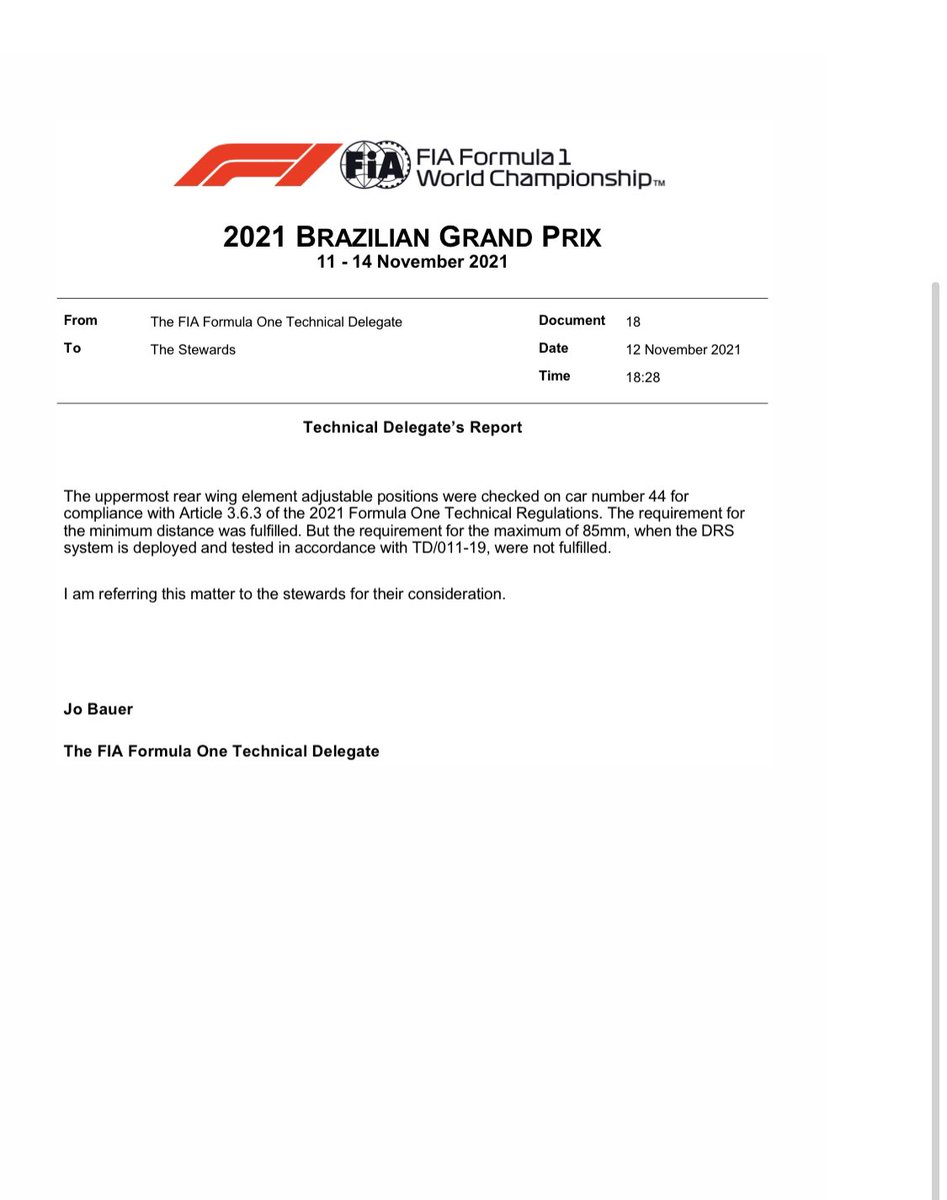 CroftyF1's tweet photo. Here’s the FIA Document relating to a potential breach of the regulations for Lewis Hamilton’s car during qualifying. This could be a back of the grid or pit lane start if the technical regulations have been broken https://t.co/TdB9xCORXn