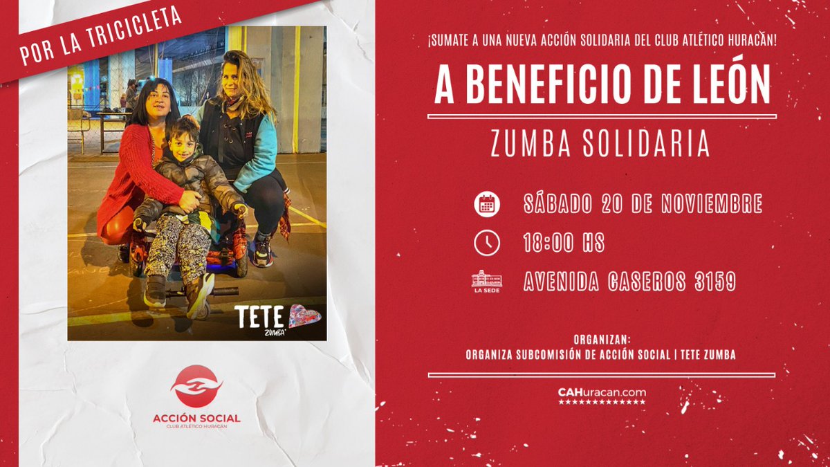 #Huracán 🎈#AcciónSocial

Este 20/11, desde las 18, todos y todas podemos ayudar a León, quien con sólo 7 años padece una parálisis cerebral por una mala práxis que sufrió su madre en la cesárea.

Participá de la #ZumbaSolidaria y aportá tu granito de arena💪🏻

#VamosLeón ♥️