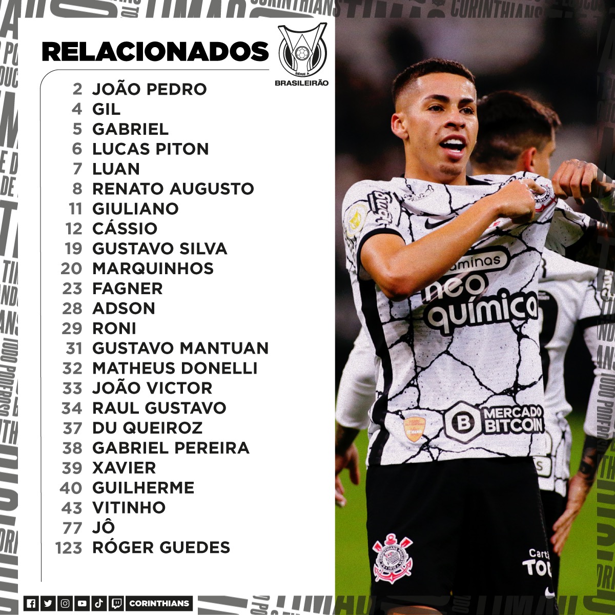 Confira a lista do jogadores do Timão relacionados para esta partida diante do Cuiabá. Fonte: SC Corinthians/Twitter