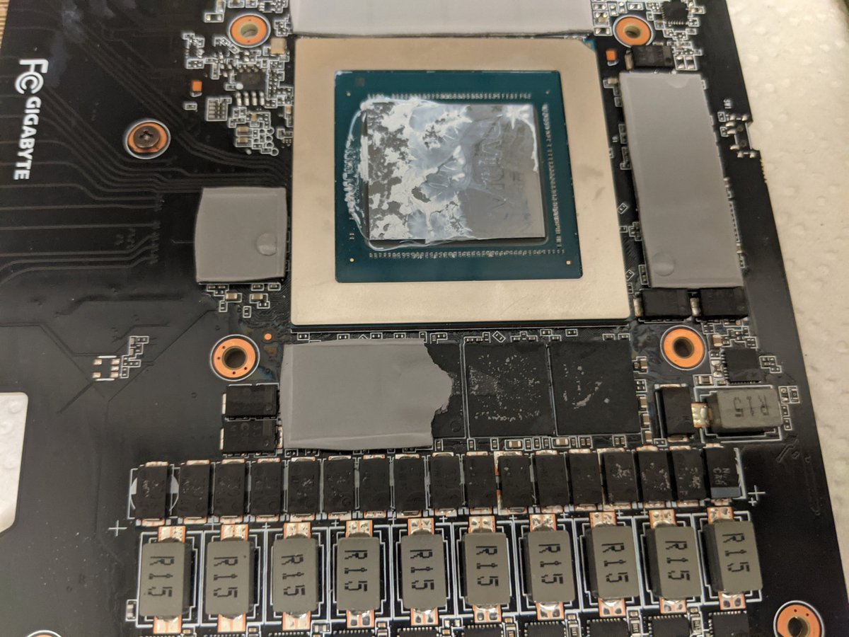 adam_farner's tweet photo. @JayzTwoCents I was experiencing thermal throttling on my 3080 ti aorus wb card (side mounted). Opened it up to find a shredded pad and the thermal paste dripping to the bottom of the dye. Ever seen something like this? https://t.co/vznOwNCaHf