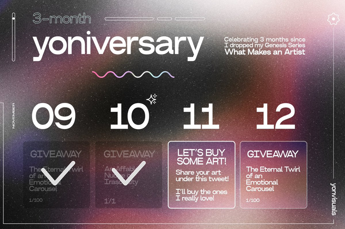 One last GIVEAWAY 🎉

You know what you have to do. I’ll pick the winner on Monday 🎁

RETWEET for a chance to win “The Eternal Twirl of an Emotional Carousel” 1/100

Have a lovely weekend everyone! #yoniversary #NFTGiveaway