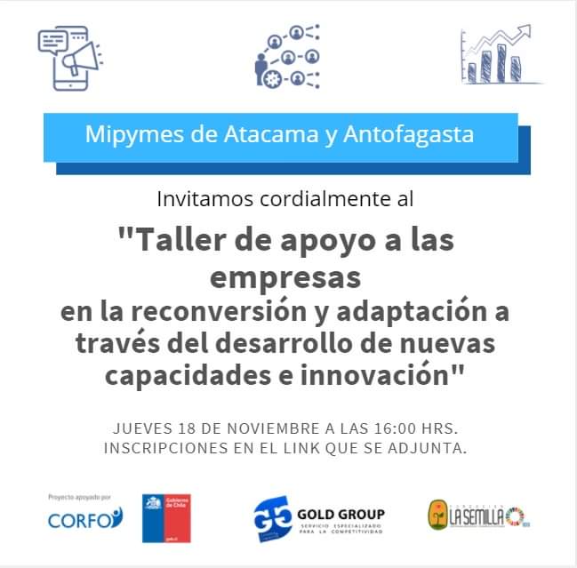 GoldGroupChile2's tweet photo. 🔻 Empresarias y empresarios de las regiones de Atacama y Antofagasta: 
Los invitamos a este taller donde se hablará de los distintos fondos de financiamiento disponibles.
Jueves 18 de noviembre a las 16:00 hrs. Link de inscripción: https://t.co/mFodQjj6z2
¡No falten! 😃 https://t.co/oBXbNaFE0e