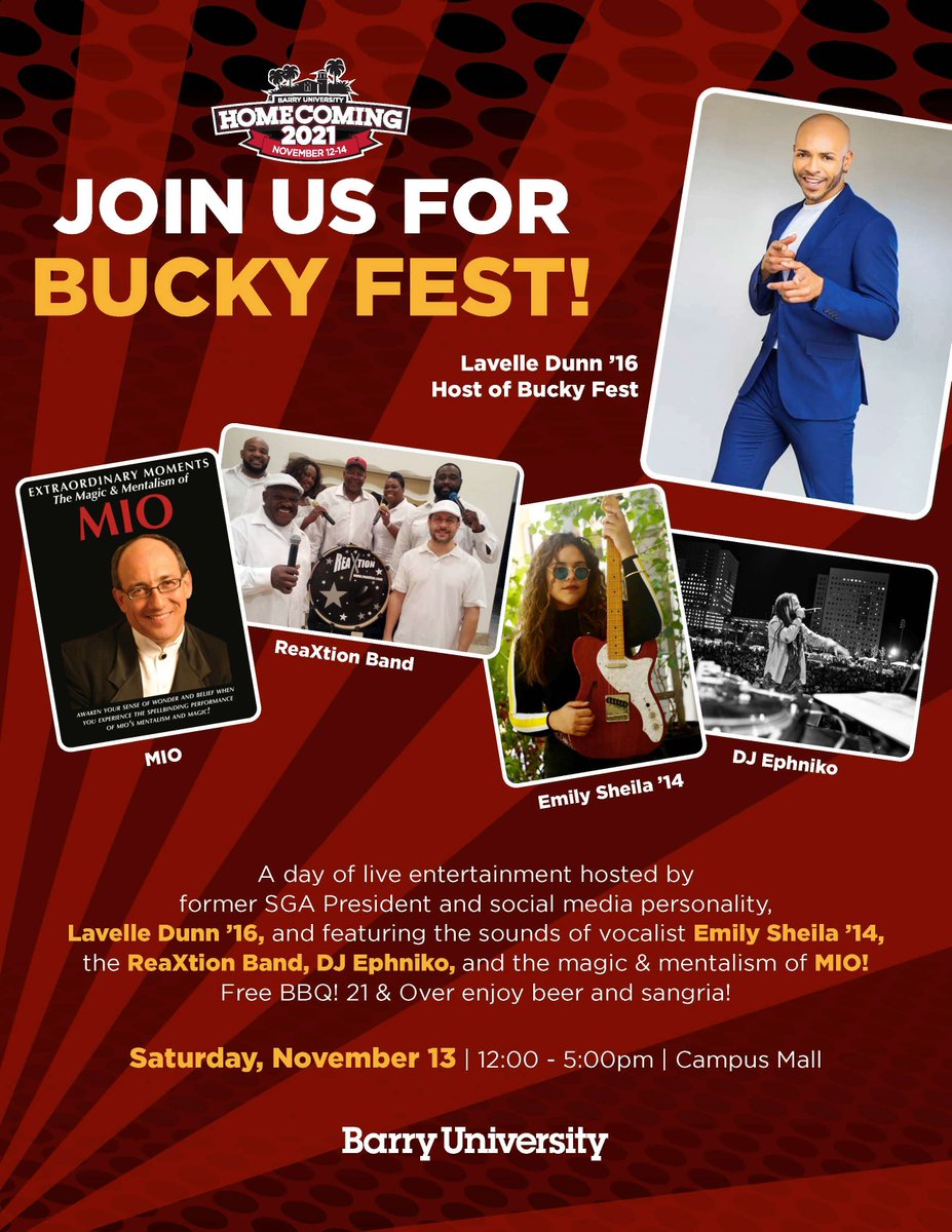 BarryUniversity's tweet photo. All students, alumni, and families are invited to join us for BuckyFest, a fun-filled event with music, food, beer, and wine, student entertainment, games, children’s activities, artisanal market, health expo and more. 🎡  See you tomorrow! https://t.co/JZHPxzmMnj