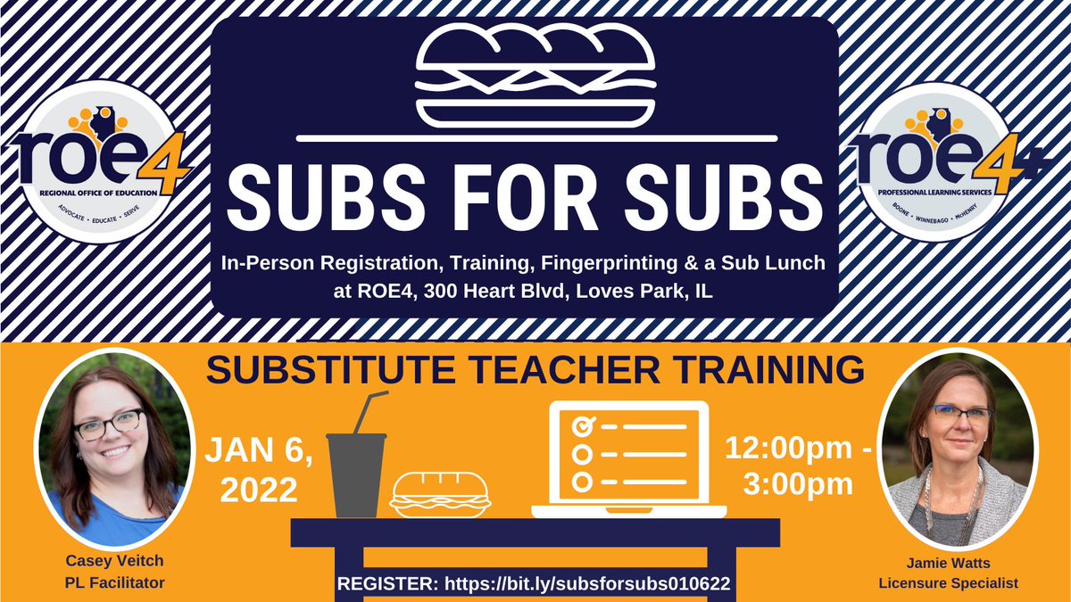 BWROE4's tweet photo. Subs for Subs! Check out our upcoming #SubsforSubs Recruitment Event! Spend a few hours w/ @BWROE4 for assistance w/ the application process, training, complimentary fingerprinting, & a yummy SUB SANDWICH LUNCH! Head here https://t.co/vHNoFD3d5H for details!
#ROE4learning https://t.co/9dYkc3kdFu