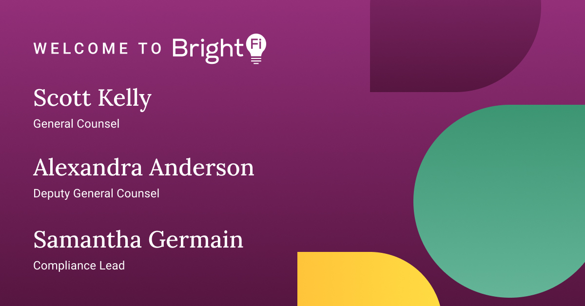 BrightFi_Serv's tweet photo. An official welcome to our BrightFi legal and compliance team headed by Scott Kelly as our General Counsel. He's joined by Alexandra Anderson, Dep. General Counsel and Samantha Germain, Compliance Lead. Oh, and we're hiring! Check us out at: https://t.co/C4ztWCJOqs https://t.co/1qRDNJ04no