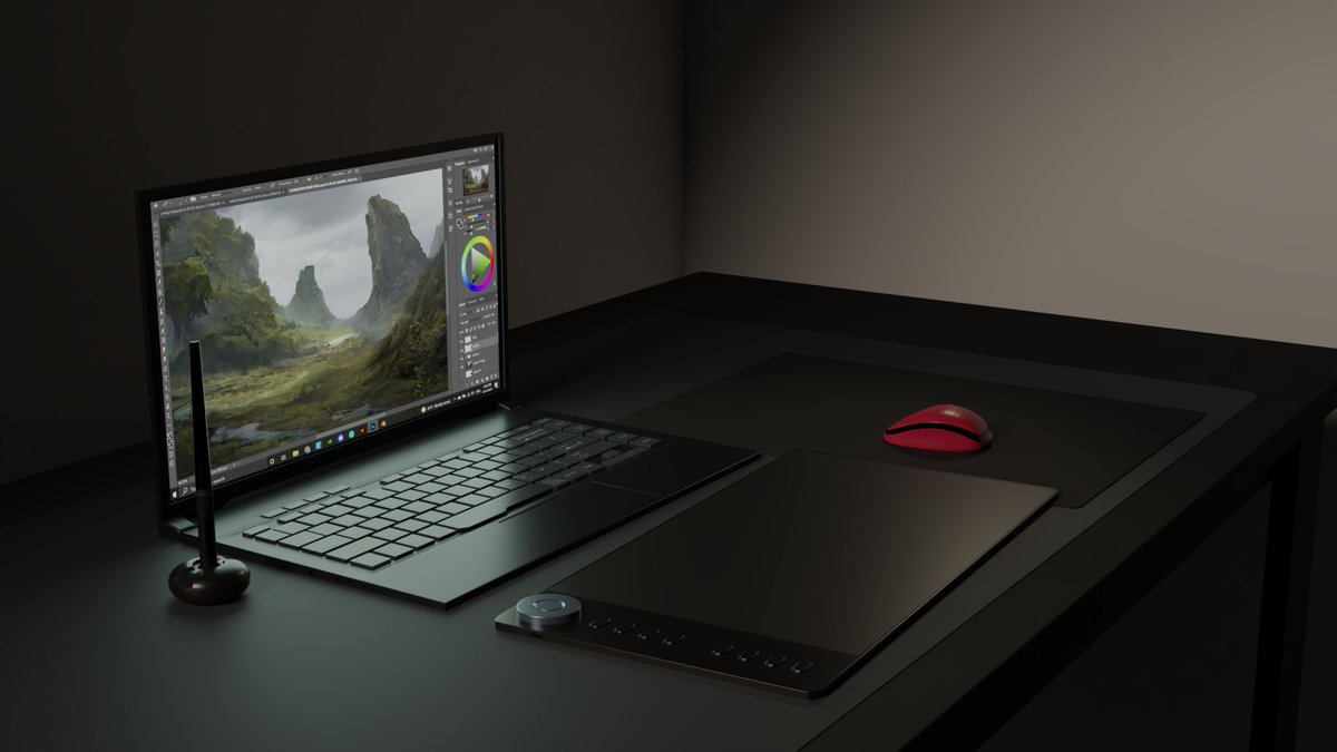 MyWinterBee's tweet photo. Study project I did a while ago in blender. I modeled my desk and the basic tools I use to create my projects. and yes, I made the unfinished artwork on the screen too. A small peek of a future project.👀 #digitalart #blender #asus  #3dmodeling #3dart #NewArtist https://t.co/8Ui82d0KCA