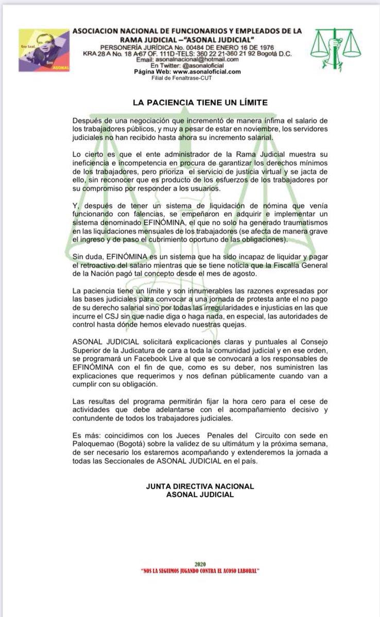 noti_judicial's tweet photo. La paciencia tiene un límite. @asonaloficial se pronuncia frente al incumplimiento del pago del retroactivo. https://t.co/aSYlO5kivb