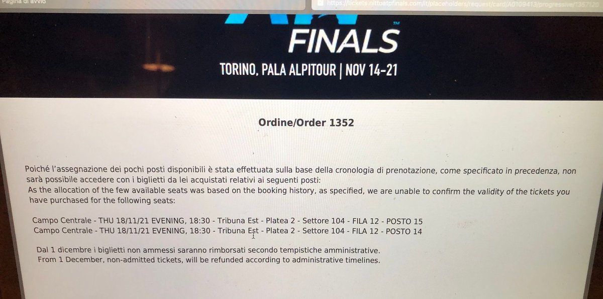 "Poiché l'assegnazione dei pochi posti disponibili è stata fatta sulla base della cronologia di prenotazione...". Come è possibile restare esclusi avendo comprato il biglietto il 30/11/20? Si deve pensare male? Organizzione non all'altezza del'evento.#ATPFinals #notrasparenza