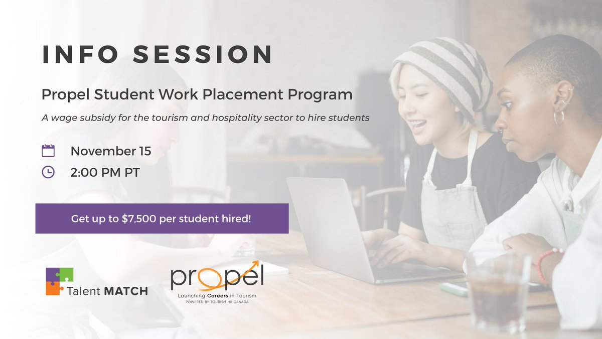 BCMuseumsAssn's tweet image. Attention Tourism &amp;amp; Hospitality Businesses! Did you know you can access a wage subsidy to hire students? Learn more about Propel at this free info session on Nov 15:
uvic.zoom.us/meeting/regist…

 #TalentMATCH #HireAStudent #WageSubsidy

@TourismHRCanada