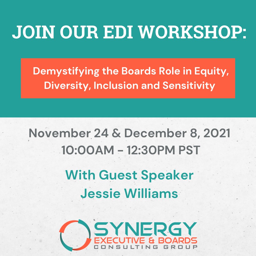 BoardsSynergy's tweet photo. This workshop will cover Equity, Diversity, Inclusion (EDI) and Cultural Sensitivity topics.

We are excited to offer this EDI workshop with Jessie Williams!

Visit https://t.co/lrJgunrg0L to Register! 

#EDI #equity #diversity #workshop #synergyonboards  #executives https://t.co/7iOTYwUTP1
