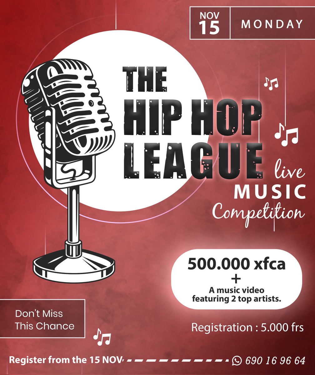 NamiNamiCyrus's tweet photo. Are you a young aspiring artist?  Looking for a platform for exposure?
take part in THE HIP HOP LEAGUE and show the world what you made of.
WITH 5000CFA STAND A CHANCE FOR GREAT OPPORTUNITIES 
OPENING DATE FOR REGISTRATION 15th November 2021
CONTACT  WhatsApp 690169664 https://t.co/UaOE5NPpV6