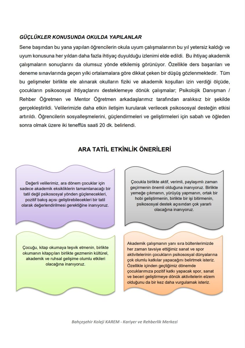 Yaşadığımız yeni döneme ilişkin öğrencilerin uyum konusunda sergiledikleri duygu, düşünce ve davranışlarını anlatmak amacıyla Uyum Sürecinde Ara Tatil konulu veli bültenimizi hazırladık. Bültenimiz ayrıca Metodbox'a da yüklenmiştir. Tüm öğrencilerimize iyi tatiller 🌸
