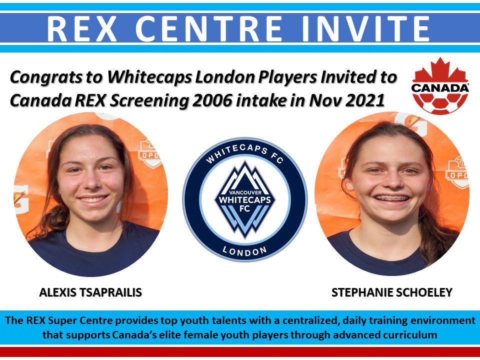 🚨ALEXIS AND STEPHANIE INVITED TO CANADA REX SCREENING 🚨

🗣 Congrats to Stephanie and Alexis on their REX Centre screening invite. 
 
The REX Super Centre provides top youth talents with a centralized, daily training environment that supports Canada’s elite female youth players