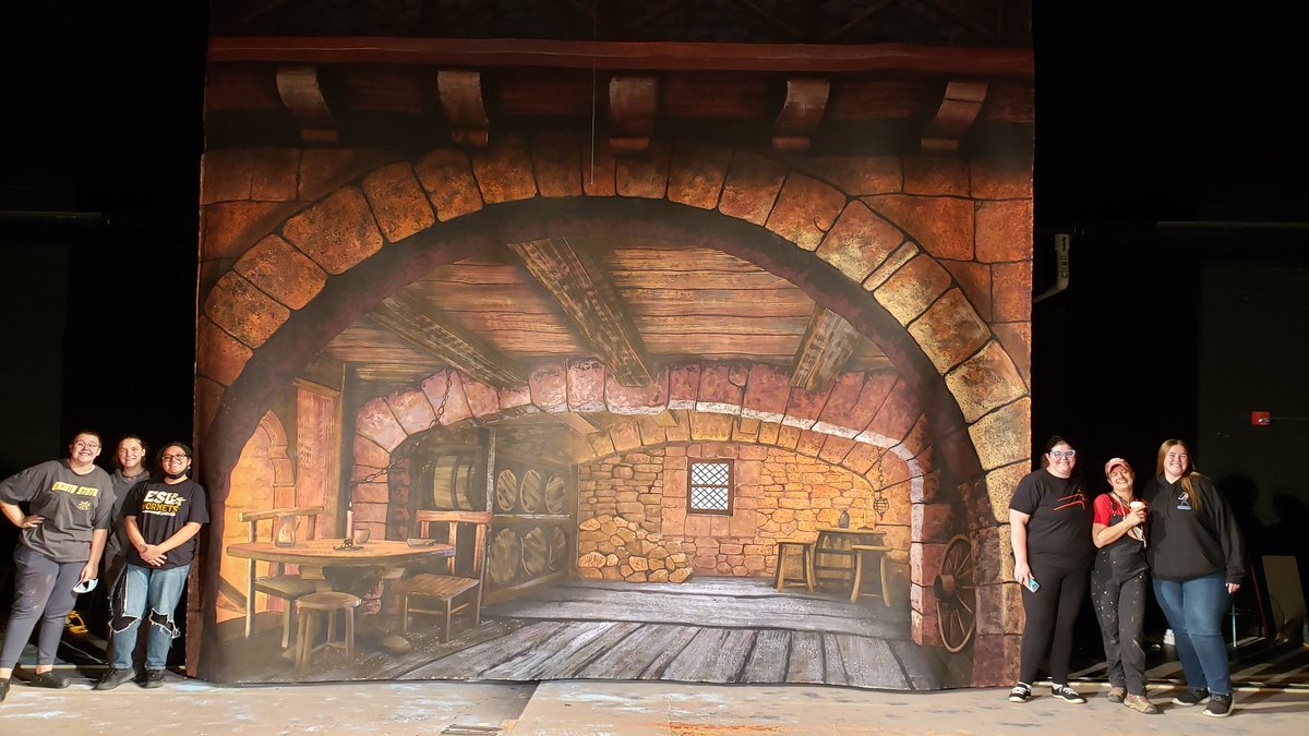 FineArtsUSD259's tweet photo. @wichitawesthigh was in the house this week to create a cottage interior scene this week. They created a 19'6"x20' scenic backdrop. Thank you #educationedge for granting support to this project! We are #wpsproud of these Pioneers! @WichitaUSD259 https://t.co/mAPYEVss4f