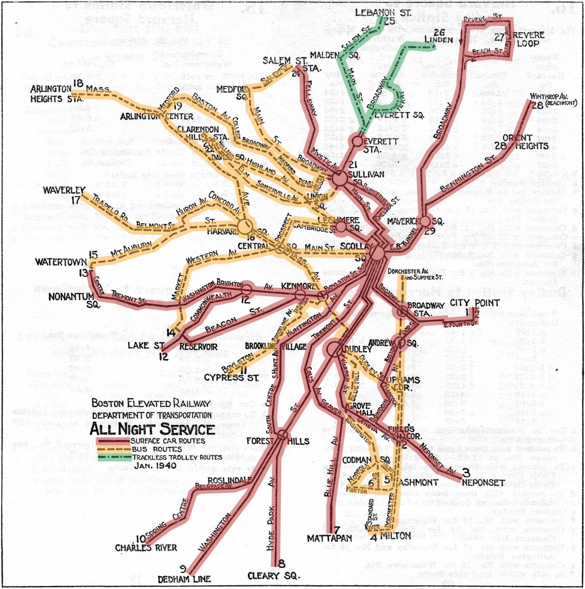 A map of where the overnight transit service was in 1940, back when Boston had 24/7 service.