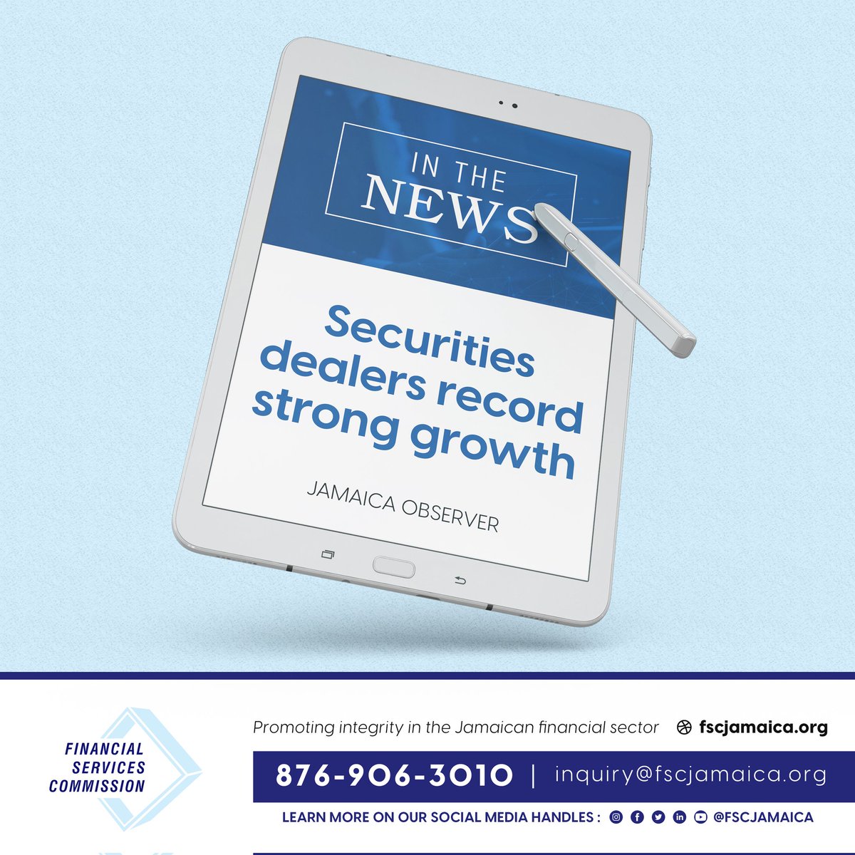 FSCJamaica's tweet photo. The Financial Services Commission (FSC ) indicates in its latest report on a sector comprising 29 securities dealers that assets have grown by 16.8 per cent as of June 30, 2021.

Read more: https://t.co/LRdUOtg0lH

#FSCInTheNews #FSCJamaica #FSCStrong #SecuritiesMarket https://t.co/JXZBcP7blW