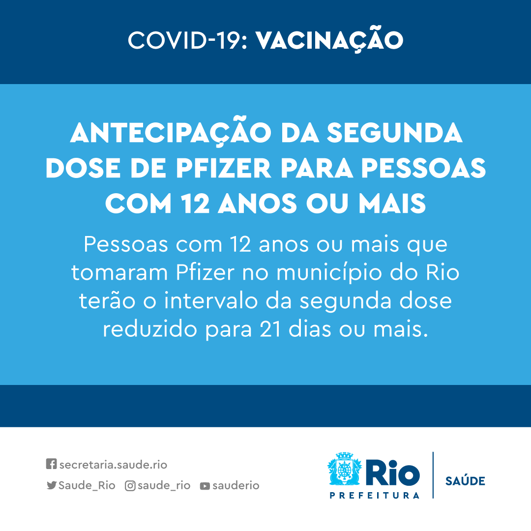 Saude_Rio's tweet photo. E vamos de MAIS antecipação! Agora o intervalo entre as doses da Pfizer foi reduzido para 21 dias ou mais para todas as pessoas com 12 anos ou mais. É o seu caso? Procure uma unidade de saúde e garanta seu esquema vacinal!

#RioPelaPrevenção #SóVem @Prefeitura_Rio https://t.co/NCxGeVYhJM