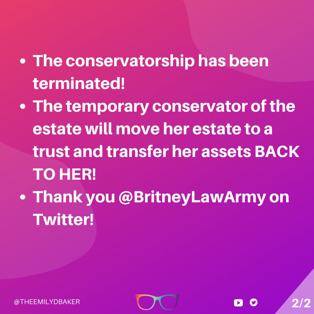 🚨 BRITNEY IS FREE 🚨
The conservatorship has been terminated. Britney's estate assets will be transferred back to HER! It has finally ended! 
*there will still be court proceedings to wrap up the financials but she is no longer a conservatee*