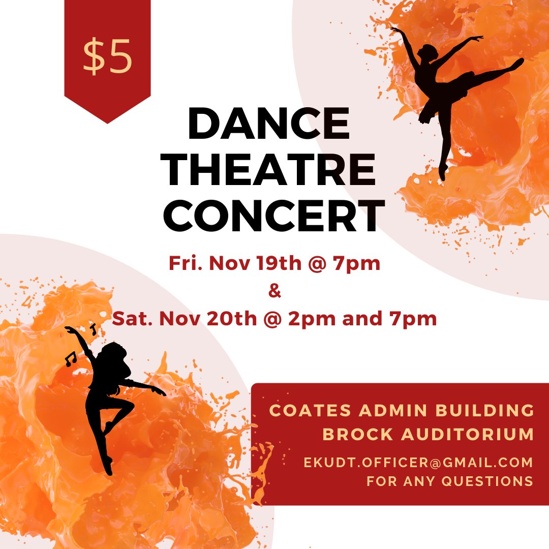 EKUDance's tweet photo. You're invited to Dance Theatre's Fall Concert in Brock Auditorium! Come see a performance of all the wonderful dances we've been working on this semester.

Performances are at 7pm on Friday, November 19th and 2pm &amp; 7pm on Saturday,  November 20th.
Tickets are $5 https://t.co/IYcdgsVH6w