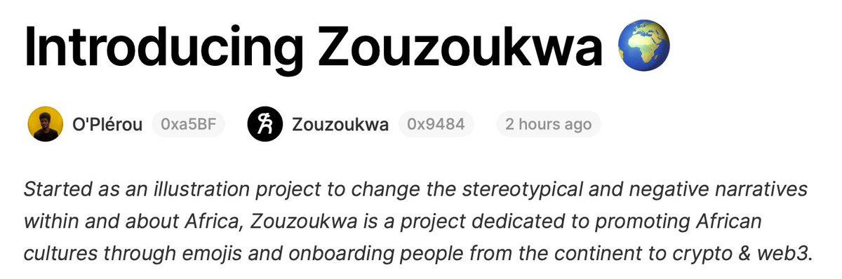 SusieKav's tweet photo. @Zouzoukwa "is turning the emoji game upside down."

Zouzoukwa is a project dedicated to promoting African cultures through emojis.

Wiki: https://t.co/sbIzrfXOFX

Hello world: https://t.co/SQZnr5Dv83

cc @seedclub https://t.co/weG1KHYPWA