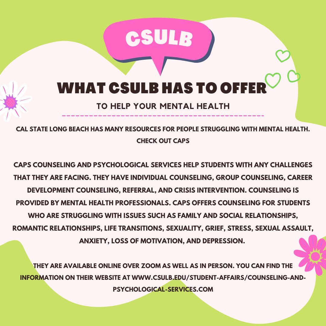 mentalgrowthlb's tweet photo. If you are a student at CSULB here is a resource to help you if your on campus or off-campus. CAPS has helped many students at CSULB, and could help you check at this info! 💚 #mentalhealthoncampus #mentalgrowth 
#Mentalhealth https://t.co/TgkxbnMhrS