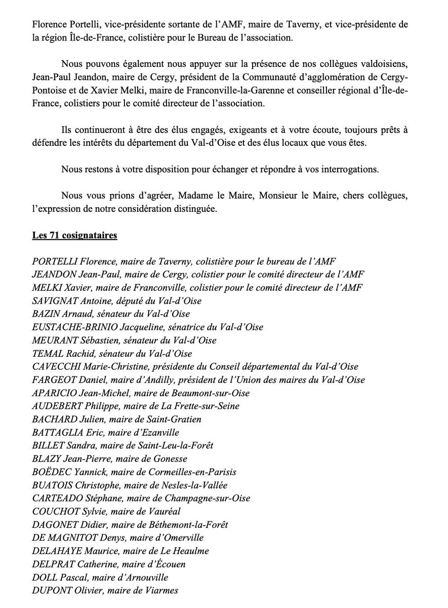 FloPortelli's tweet photo. Le Val d’Oise et ses élus soutiennent massivement la liste de @davidlisnard et @AndreLaignel :71 élus dont la présidente du CD 95,1 Député @antoine7595 ,4 sénateurs et le Président de l’Union des Maires ont cosigné l’appel que j’ai lancé avec @xaviermelki et @Jp_Jeandon #AMFunie https://t.co/DV8OyDPyVV