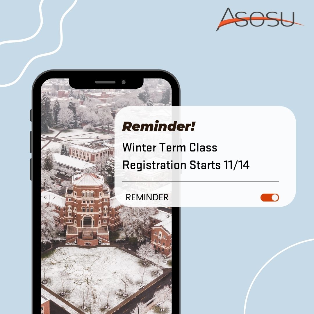 ASOSUgov's tweet photo. Winter term class registration begins November 14th.
Reminder - Students must be in compliance with OSU's COVID-19 policies to register for winter term courses!
You are a student. You have a voice. Make it known!
#oregonstateuniveristy #gobeavs #asosu #studentgovernment https://t.co/yuxIuuUCWZ