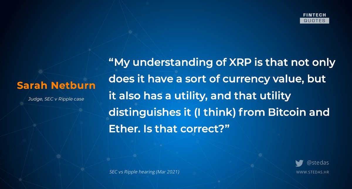 stedas's tweet photo. “My understanding of XRP is that not only does it have a sort of currency value, but it also has a utility.” 
- Sarah Netburn, Judge, SEC v Ripple case

👉https://t.co/ICQxJNIr8e 

#xrp @Ripple #fintech #crypto https://t.co/wtK1TrF70n