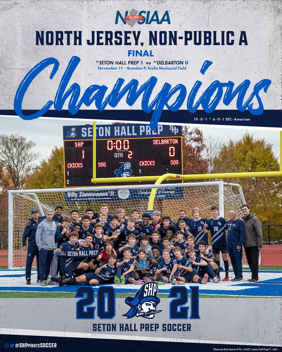 SHPpirateSoccer's tweet photo. 🏆2021 NORTH JERSEY, NON-PUBLIC A TOURNAMENT CHAMPIONS🏆 🔵⚪️

On November 11th, No.1 seed SHP won the North Jersey, NP-A sectional 1 to 0 against rival No.2 seed Delbarton. This was their 16th meeting all in the tournament dating back to 1989.
#HZF #SHPtogether⚽️ #WEWILL #TEAM https://t.co/VcQTq2Mviw
