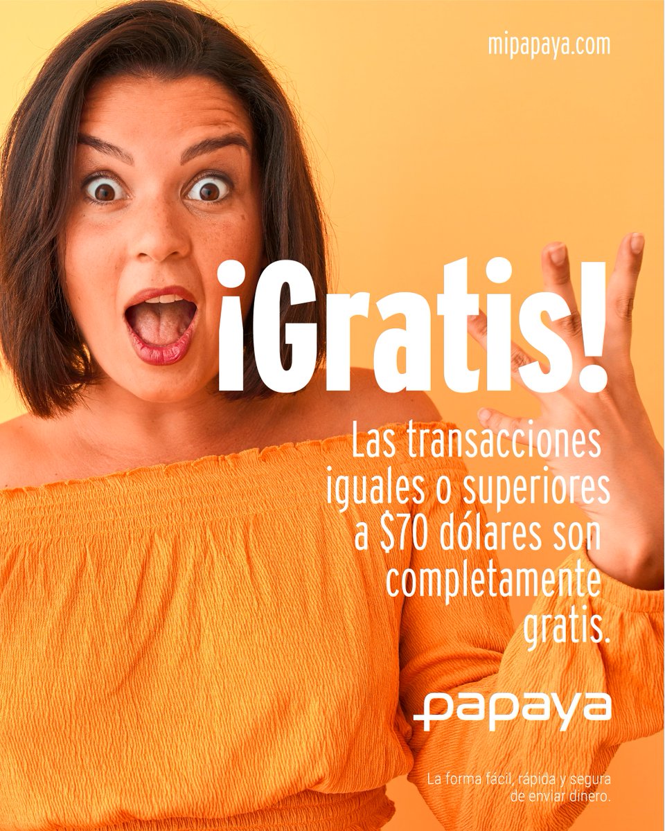 ¡SIN COMISIÓN!
Por cada transacción igual o superior a 70 dólares que realices en mipapaya.com te ahorras la comisión.
Si estás en Estados Unidos, entra ya y comienza a enviar dinero a Venezuela de forma rápida, fácil y segura.
¡Próximamente estaremos en más países!
