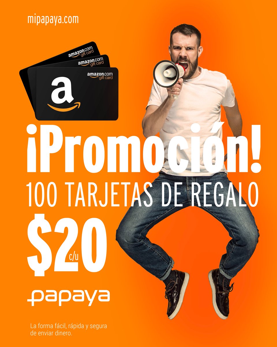 Si estás en Estados Unidos entra ya en mipapaya.com y envía tus remesas a Venezuela. Registrarse es GRATIS y muy fácil. 
Por cada transacción que realices desde mipapaya.com, estarás participando en el sorteo de 100 Amazon Gift Card de 20$ c/u.
