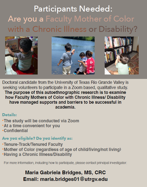 AESAtalk's tweet photo. Research participants needed for dissertation!

Collecting testimonios through plática of Tenured/Tenure-Track Faculty Mothers of Color with Disabilities to learn about their supports and barriers experienced as doctoral students and their tenure process.

See flyer for more info https://t.co/xbFBehi7ud