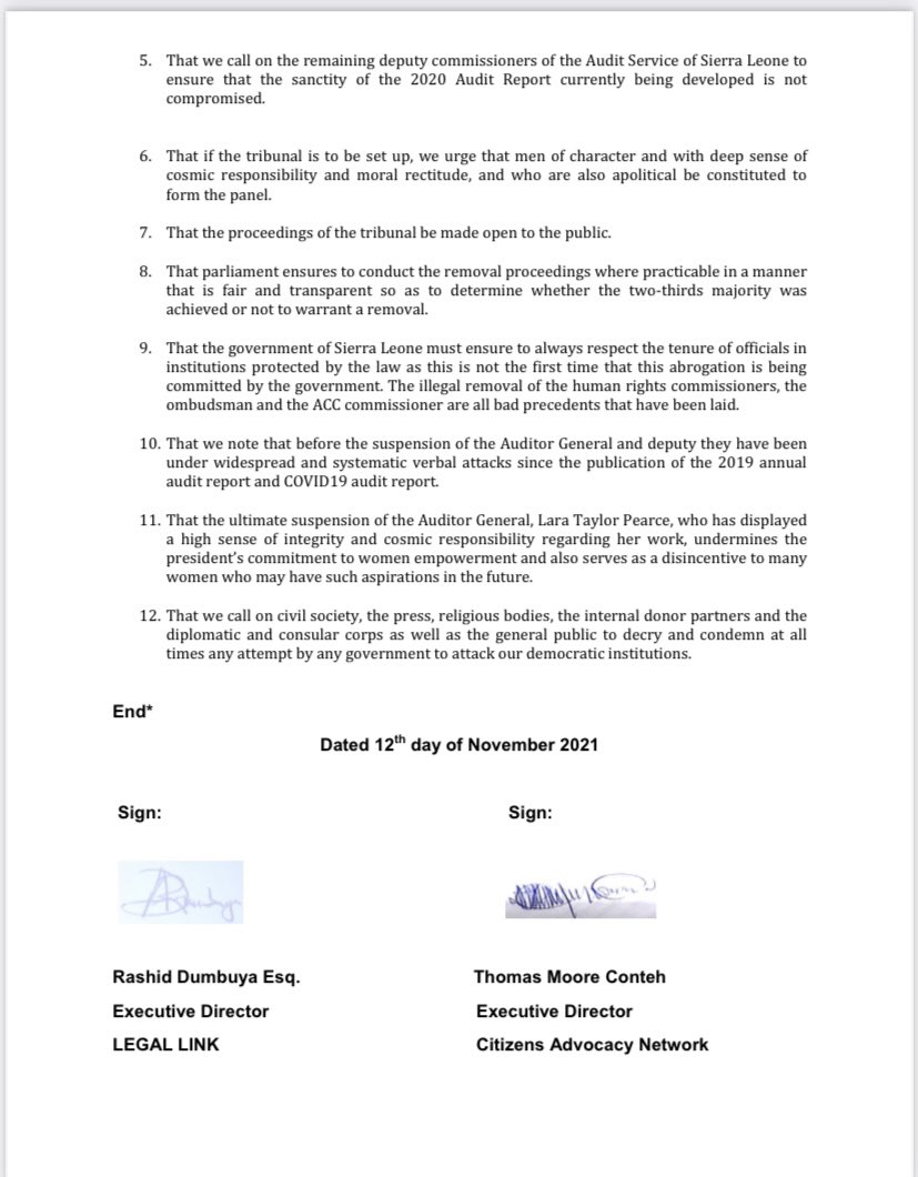 Joint Press Statement by <a href="/CAN/">can</a> &amp; <a href="/LegalLink/">Legal Link Ltd</a> regarding the indefinite suspension of the Auditor General, <a href="/LaraTPearce/">Lara</a> and one of her deputies, Mr Tamba Momoh by <a href="/PresidentBio/">Barram</a>.  <a href="/sierraeyesalone/">SIERRAEYESALONE</a> <a href="/EUinSierraLeone/">EU in Sierra Leone</a> <a href="/USEmbFreetown/">USEmbassyFreetown</a> <a href="/EUEOMSLeone2018/">EU Election Observation Mission Sierra Leone 2018</a>