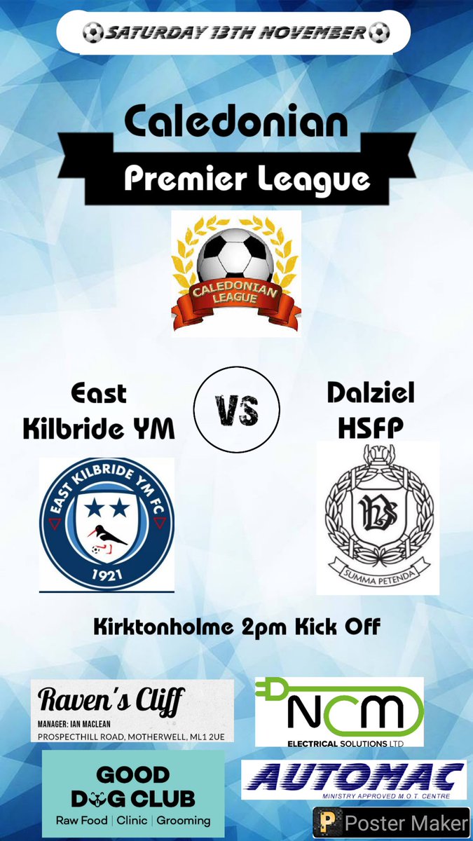 Dalziel Football (@dalzielfootball) on Twitter photo ⚽️Saturday 13th November ⚽️
We travel to EKYM this weekend in the Caledonian Premier League, should be a cracker!!
🏆 ⚽️👌💪
⚽ - <a href="/EKYM_FC/">East Kilbride YM FC</a>
🏆 - <a href="/CaledonianAFA/">CaledonianLeague</a> Prem League
📍 - Kirktonholme Park
📅 - 13/11/21
⏰ - 2pm KO
<a href="/Scottish_AFF/">AmateurFixturesResultsSCO</a> <a href="/ProAmFootball/">Pro-Am Football News</a> ⚽️Saturday 13th November ⚽️
We travel to EKYM this weekend in the Caledonian Premier League, should be a cracker!!
🏆 ⚽️👌💪
⚽ - <a href="/EKYM_FC/">East Kilbride YM FC</a>
🏆 - <a href="/CaledonianAFA/">CaledonianLeague</a> Prem League
📍 - Kirktonholme Park
📅 - 13/11/21
⏰ - 2pm KO
<a href="/Scottish_AFF/">AmateurFixturesResultsSCO</a> <a href="/ProAmFootball/">Pro-Am Football News</a>